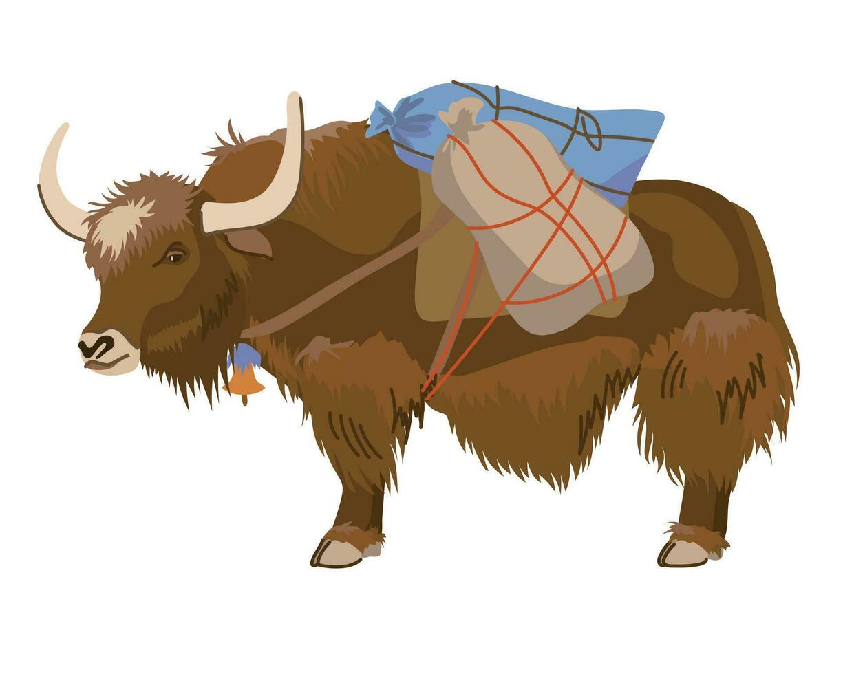 A brown yak with bags on its back. Vector, flat style. A pet is traditionally used for cargo transportation in Tibet and Nepal. Dairy cattle are widespread in the highlands. Cartoon style. vector
