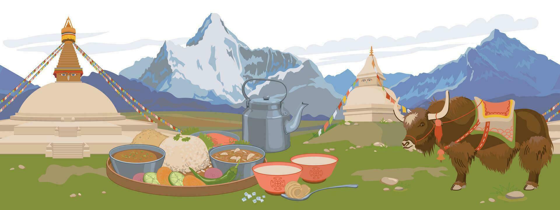 Attributes of Nepalese culture. Vector, flat style. Mountains, Buddhist stupa, tea with butter and salt, karangi, vegetarian Nepalese Thali set Dal Bhat, yak. vector