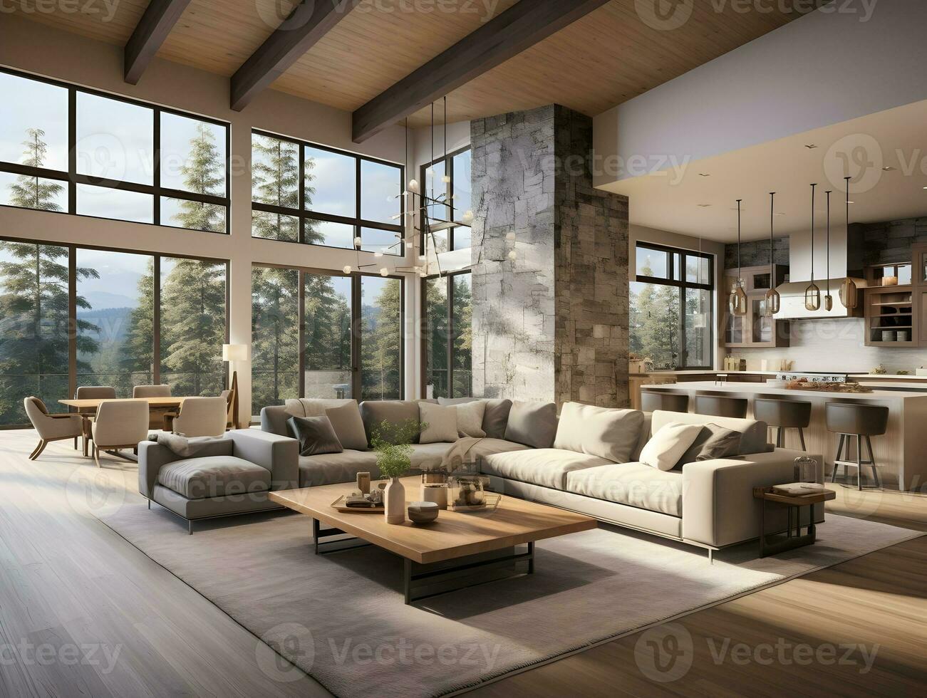 AI generated Luxury interior living room with open concept floor plan, kitchen, dining room, and wall of windows AI Generative photo