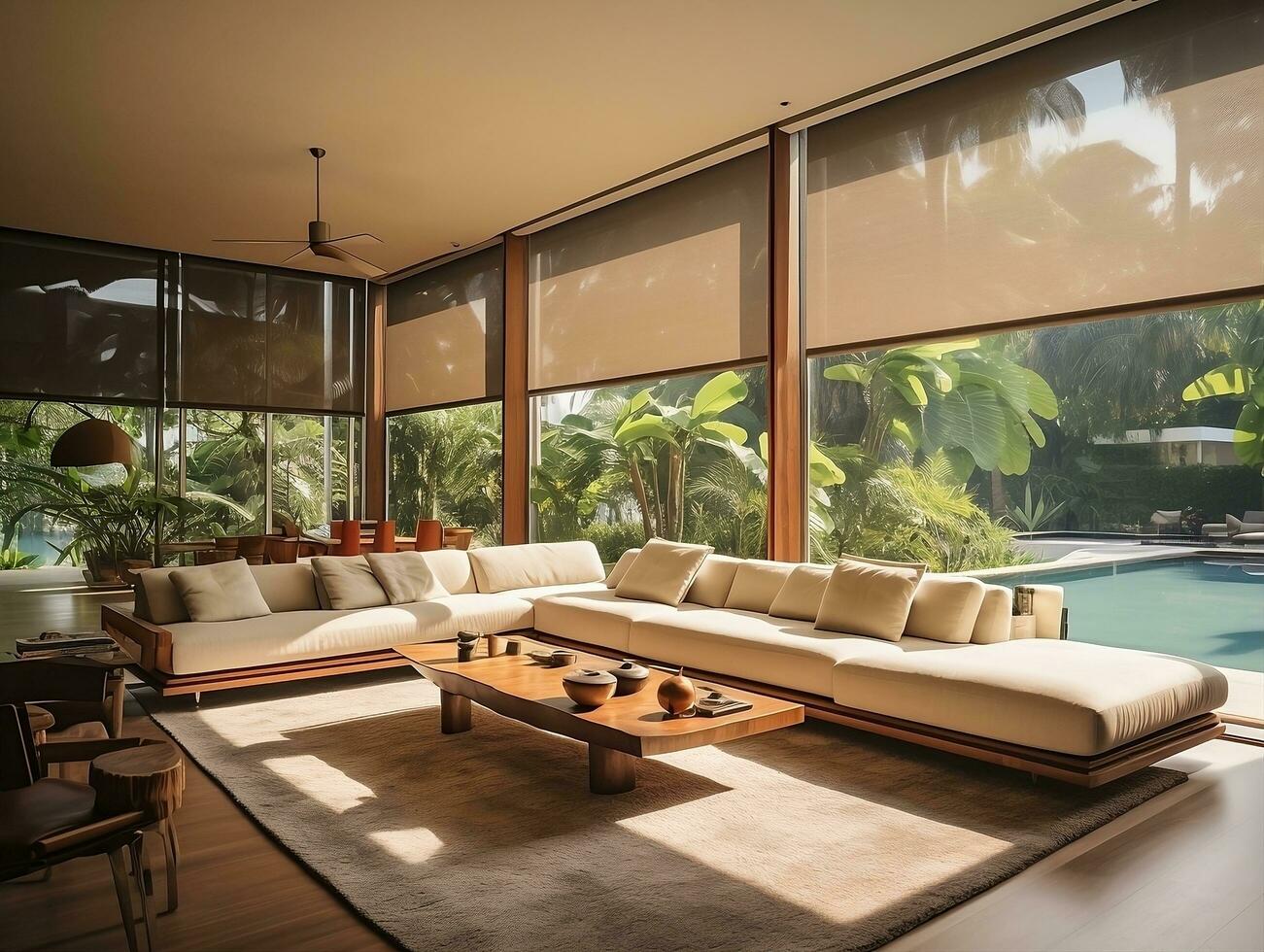 AI generated Interior living room with sofas and palm trees AI Generative photo
