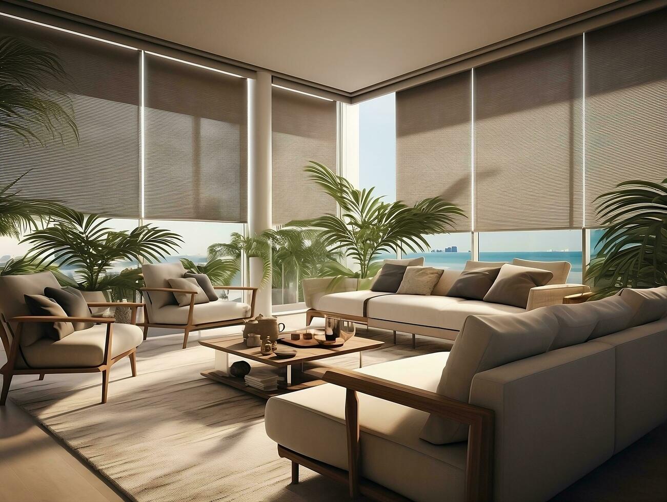 AI generated Interior living room with sofas and palm trees AI Generative photo