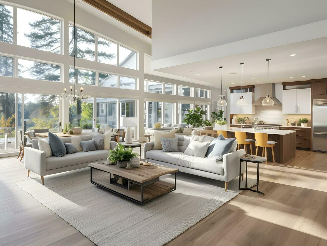 AI generated Luxury interior living room with open concept floor plan, kitchen, dining room, and wall of windows AI Generative photo