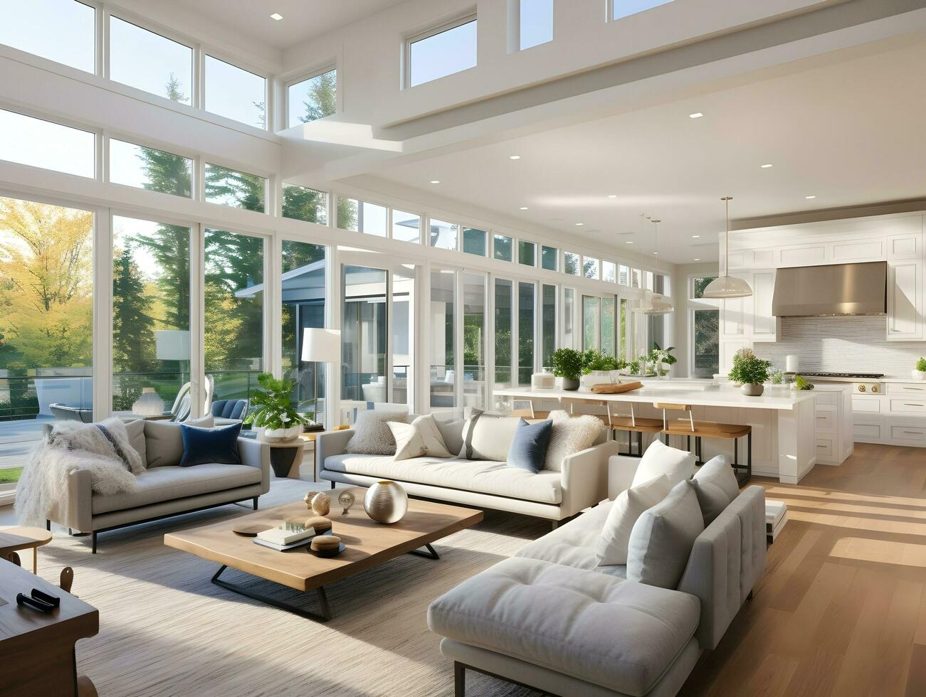 AI generated Luxury interior living room with open concept floor plan, kitchen, dining room, and wall of windows AI Generative photo