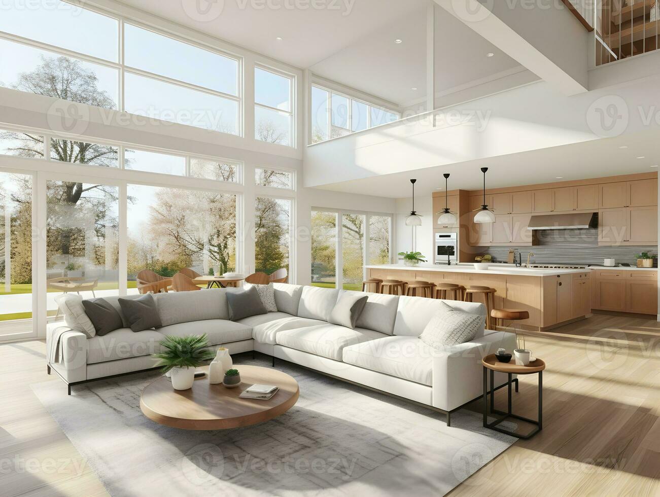 AI generated Luxury interior living room with open concept floor plan, kitchen, dining room, and wall of windows AI Generative photo