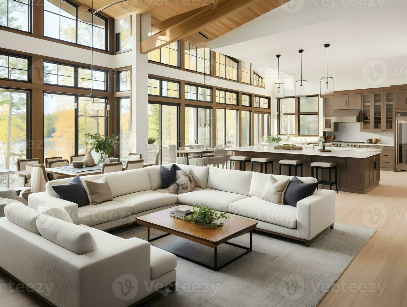 AI generated Luxury interior living room with open concept floor plan, kitchen, dining room, and wall of windows AI Generative photo