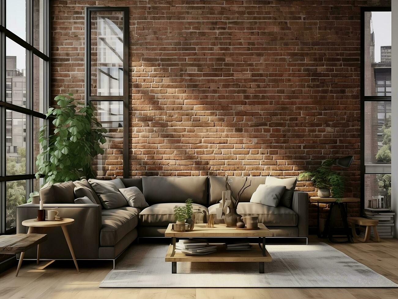 AI generated 3D model of modern brick walls living room with couches and large windows AI Generative photo