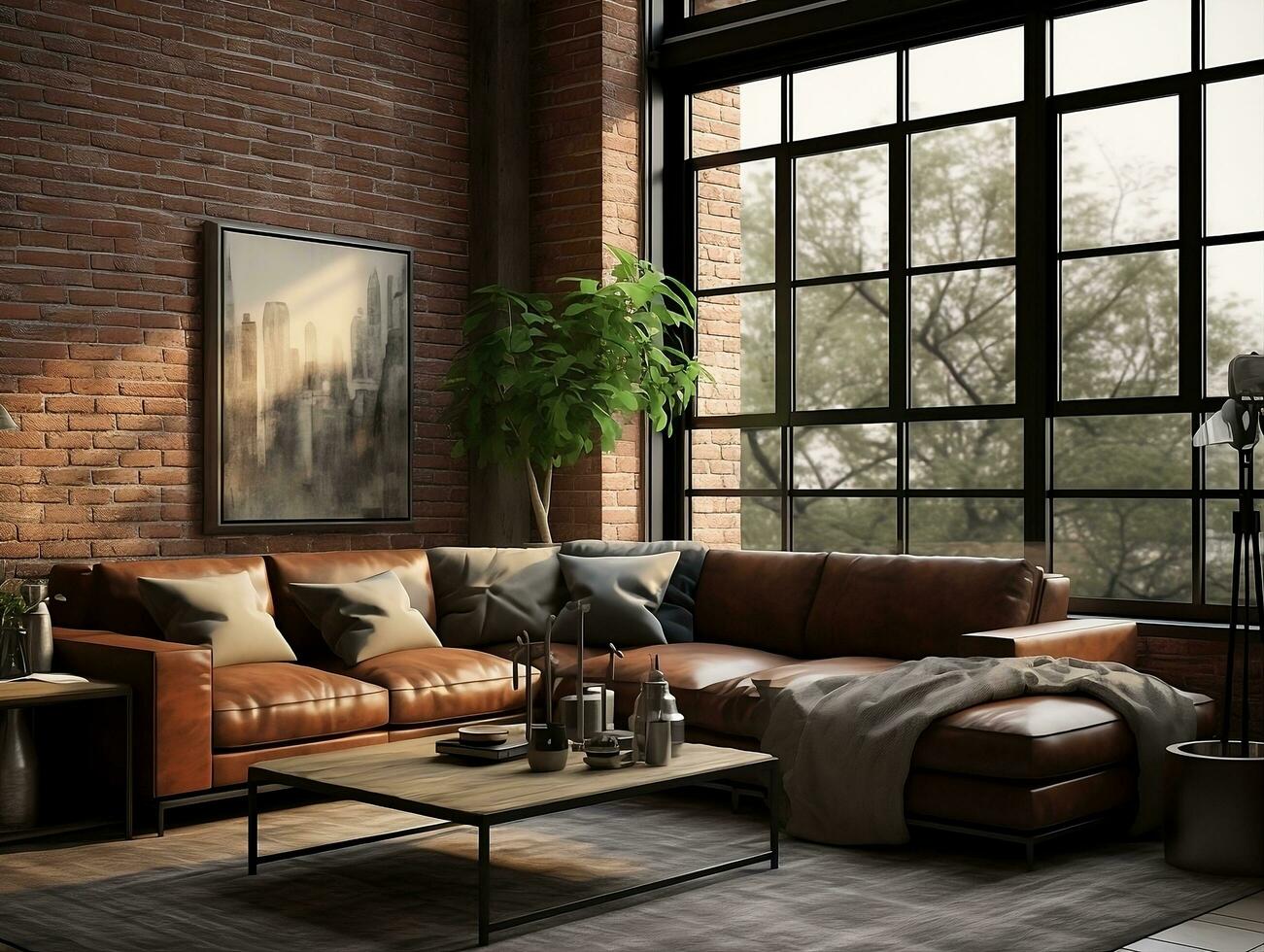 AI generated 3D model of modern brick walls living room with couches and large windows AI Generative photo