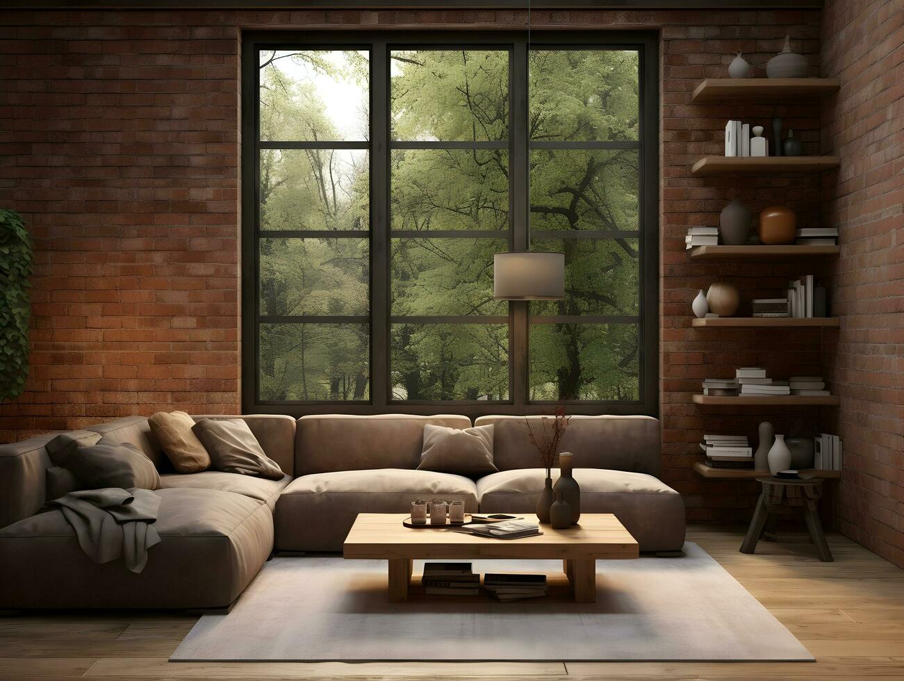 AI generated 3D model of modern brick walls living room with couches and large windows AI Generative photo
