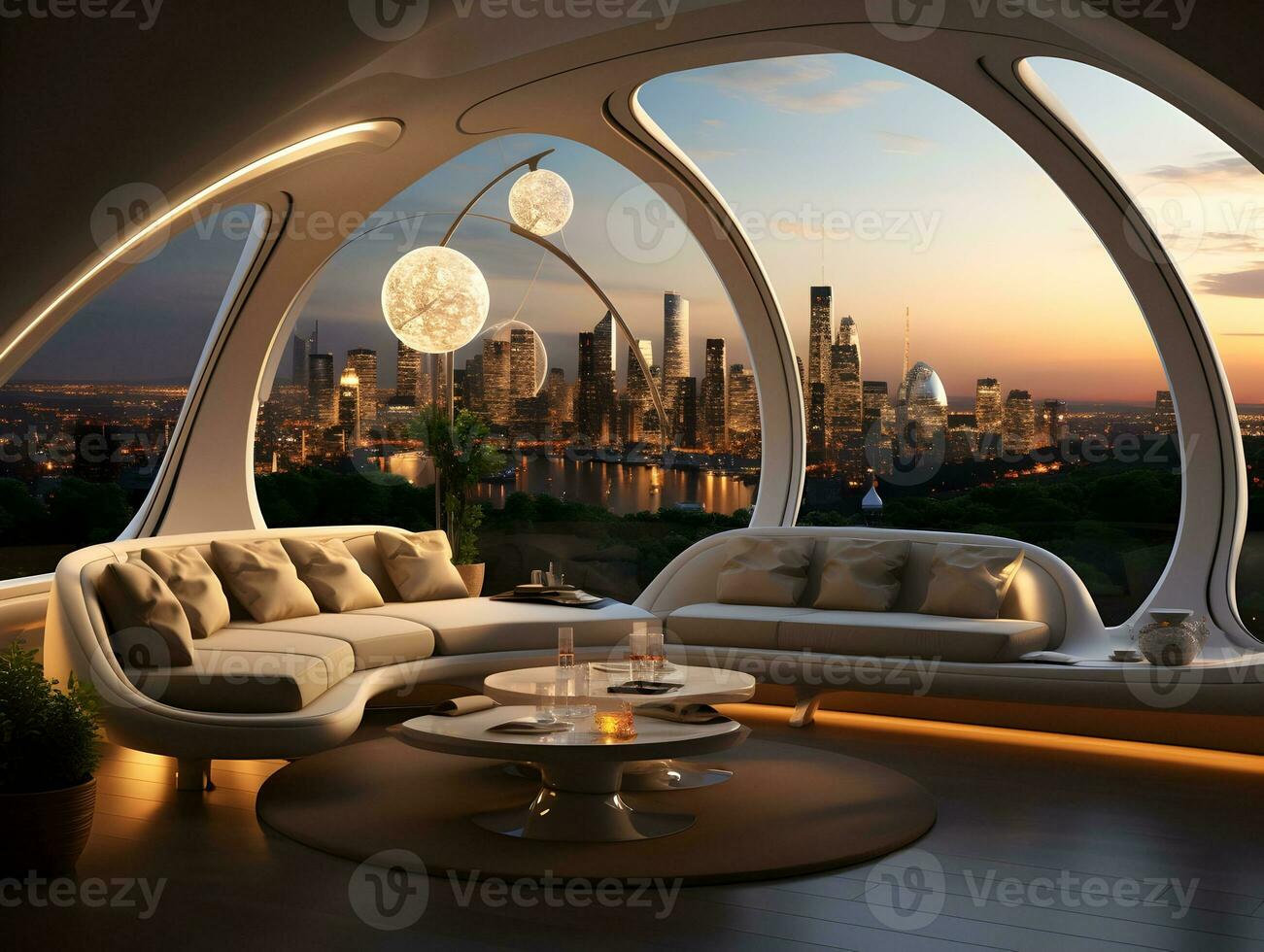 ai generado futurista horizonte hogar decoración con piso a techo ventanas y paisaje urbano puntos de vista ai generativo foto