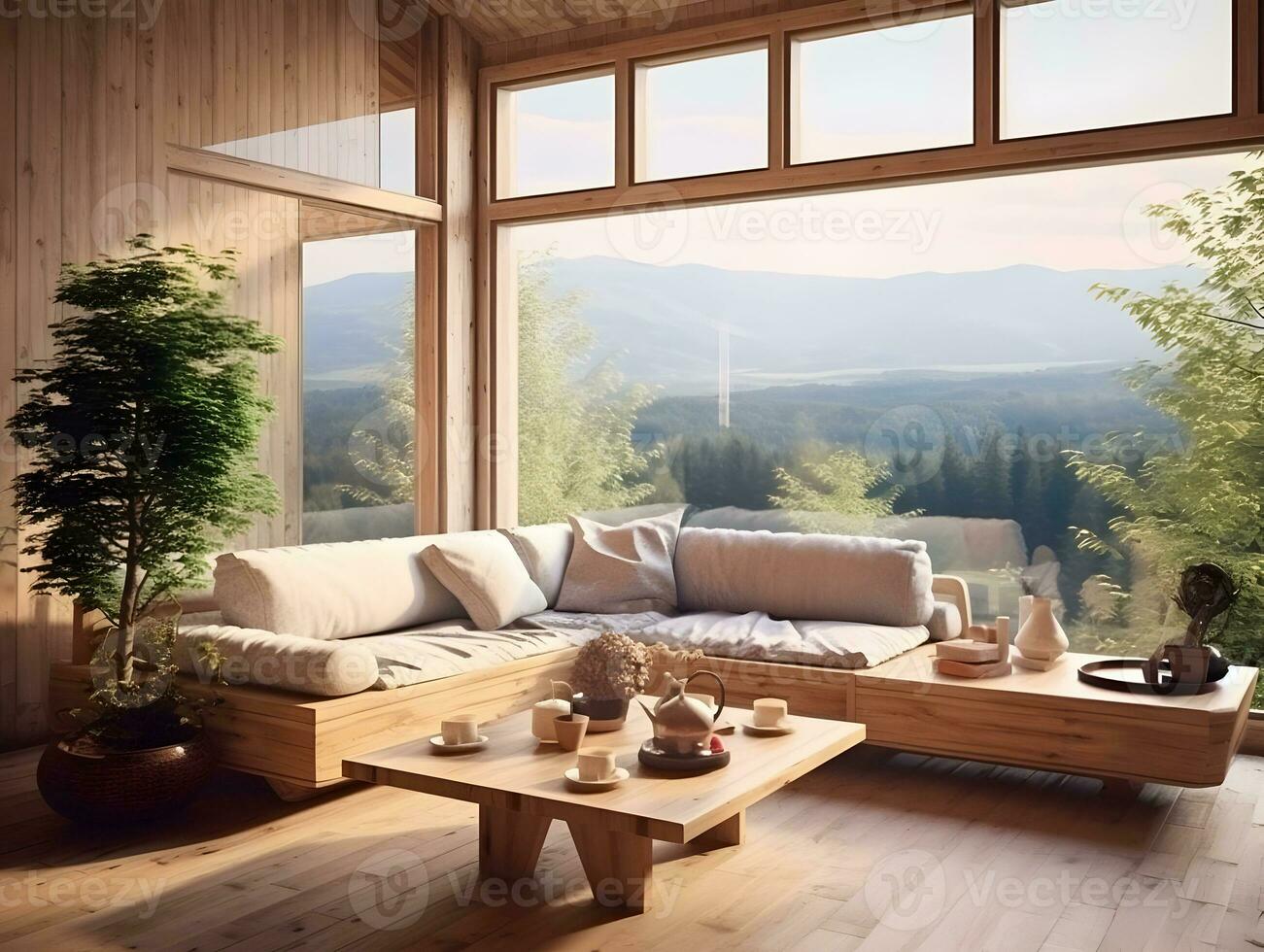 AI generated Modern space wooden interior living room with large windows and wooden furniture AI Generative photo