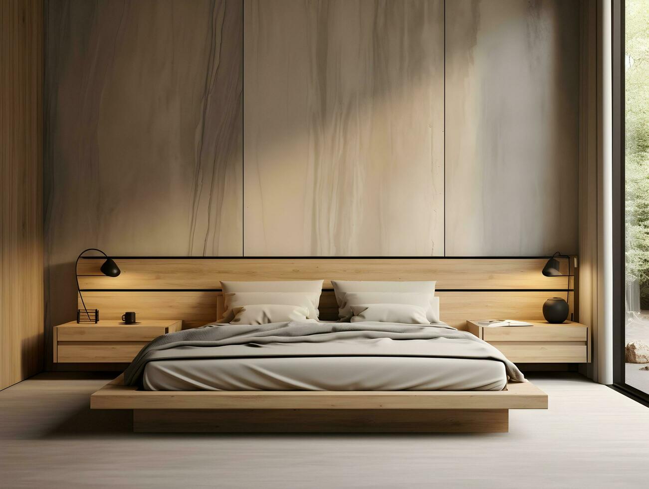 AI generated Modern wooden bedroom with wooden furniture AI Generative photo