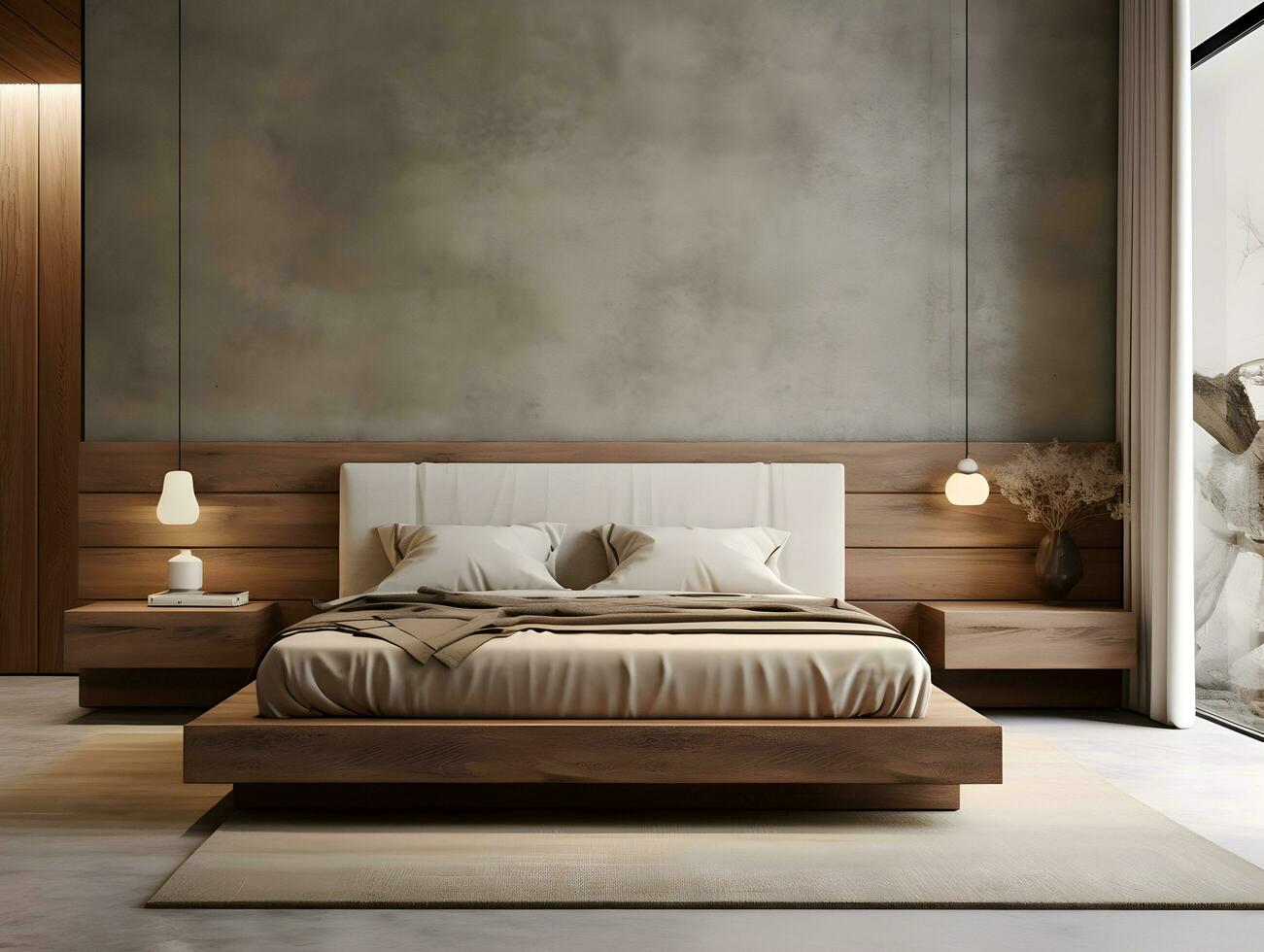 AI generated Modern wooden bedroom with wooden furniture AI Generative photo