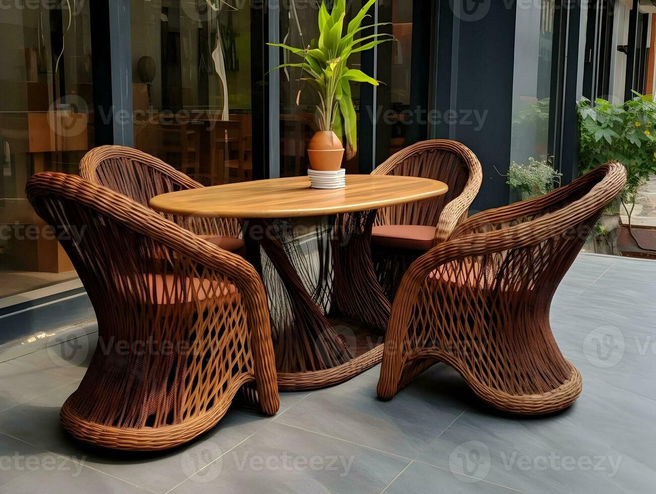 AI generated Dining table set weaved with rattan AI Generative photo
