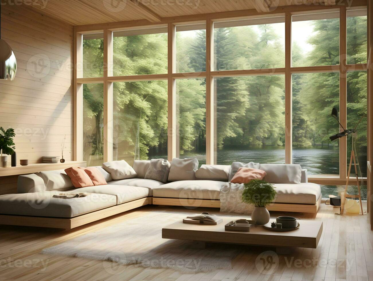 AI generated Modern space wooden interior living room with large windows and wooden furniture AI Generative photo