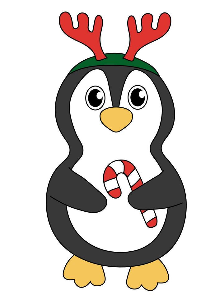 dibujos animados Navidad y nuevo año pingüino personaje. linda pingüino con caramelo caña y ciervo cuerno venda. vector plano ilustración.