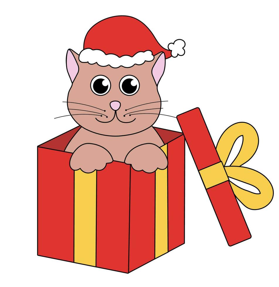 Cartoon Christmas and New Year Cat character. Cute Kitten in gift box. Vector flat illustration.