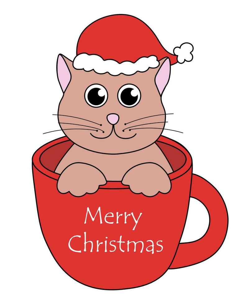 dibujos animados Navidad y nuevo año gato personaje. linda gatito en taza. alegre Navidad. vector plano ilustración.