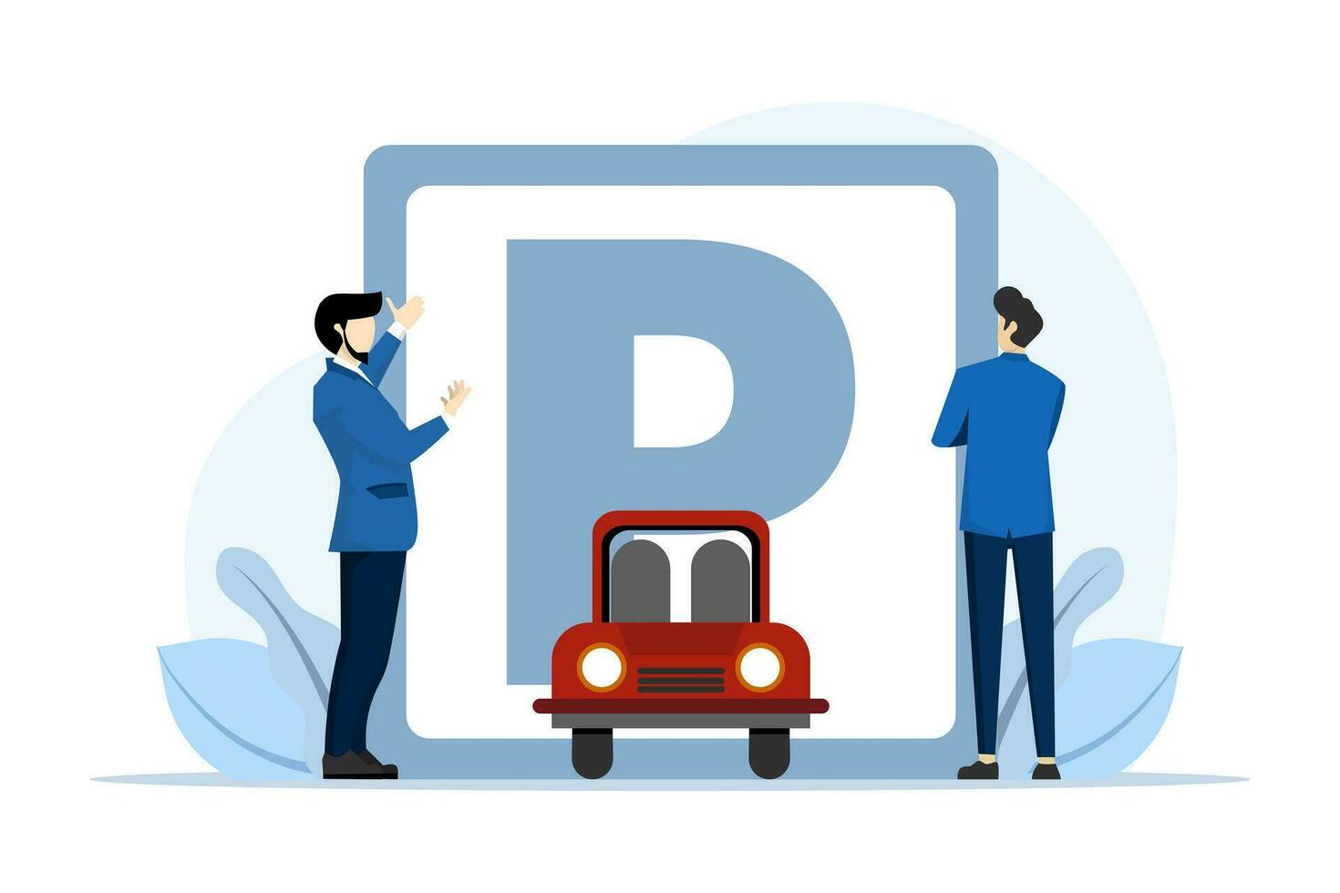 Big road sign parking concept. little people looking for a parking space, parking the car. Public car parking in big city. Urban transportation. flat cartoon. Vector illustration on white background.