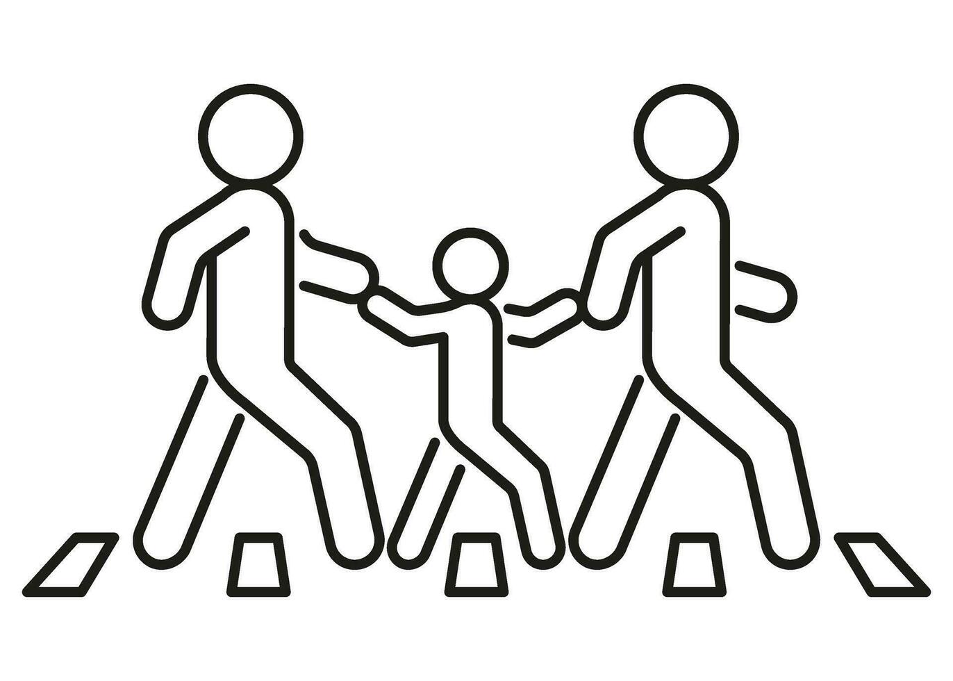 Pedestrian adult persons and child at crossroad, family on road, line icon. Safely cross road and walk symbol. Vector outline illustration