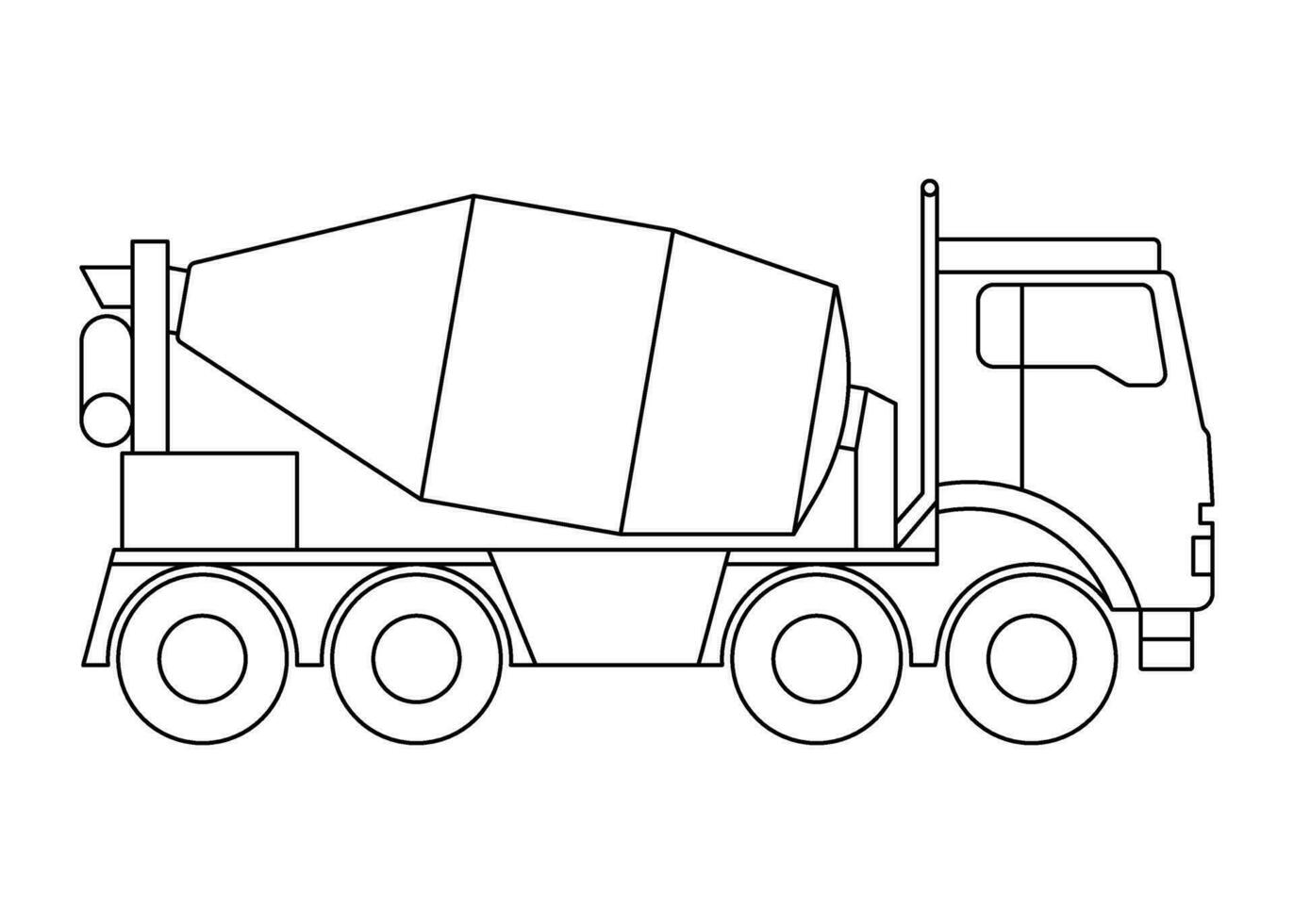 Concrete mixer, truck with cement for building, line art coloring. Heavy truck side view outline. Industrial drawing of cargo car. Automobile blueprint. Vector isolated illustration