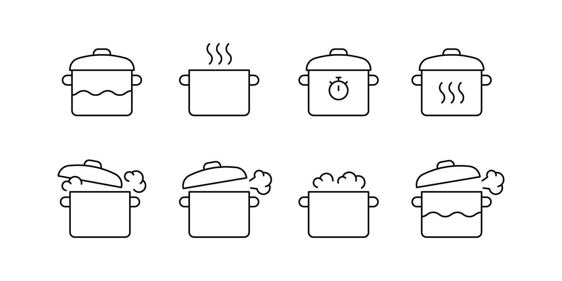 maceta para Cocinando en cocina, pan cocina icono línea colocar. ollas para cocinar alimento. vector ilustración