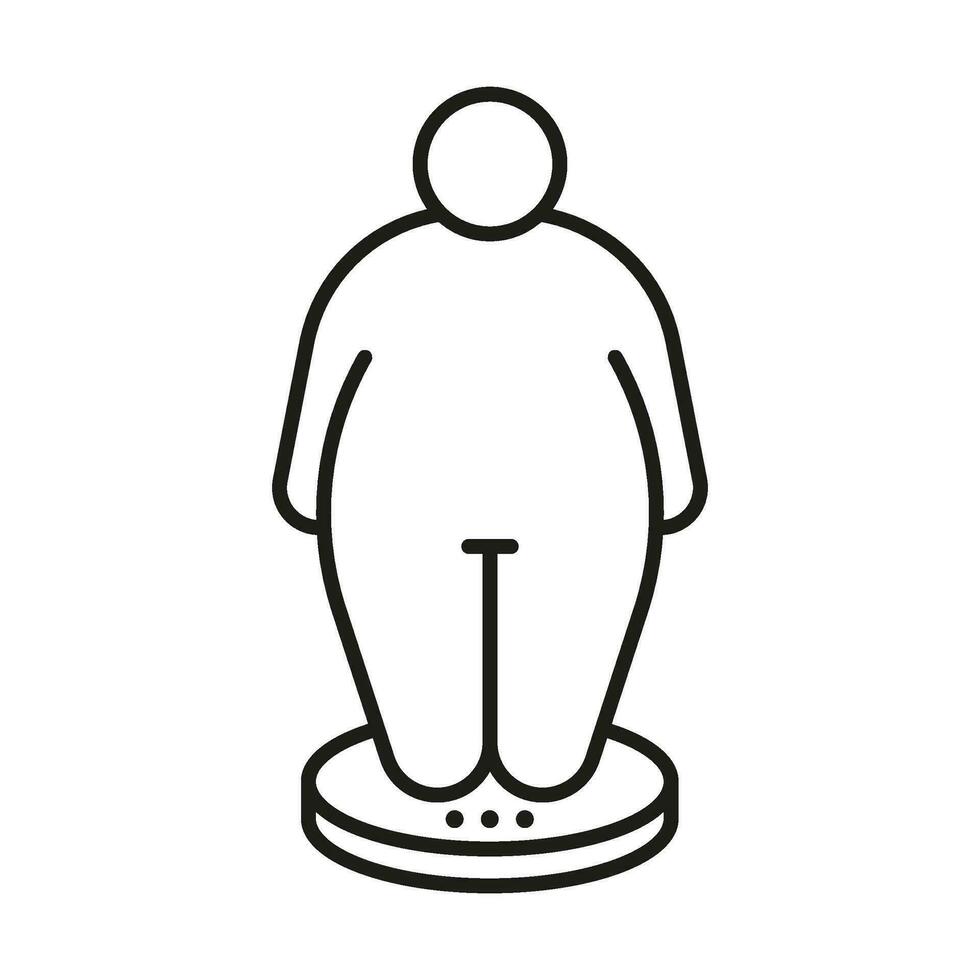 Measure body of person on scales, control weigh obese line icon. Fat figure and big size man. Vector outline illustration