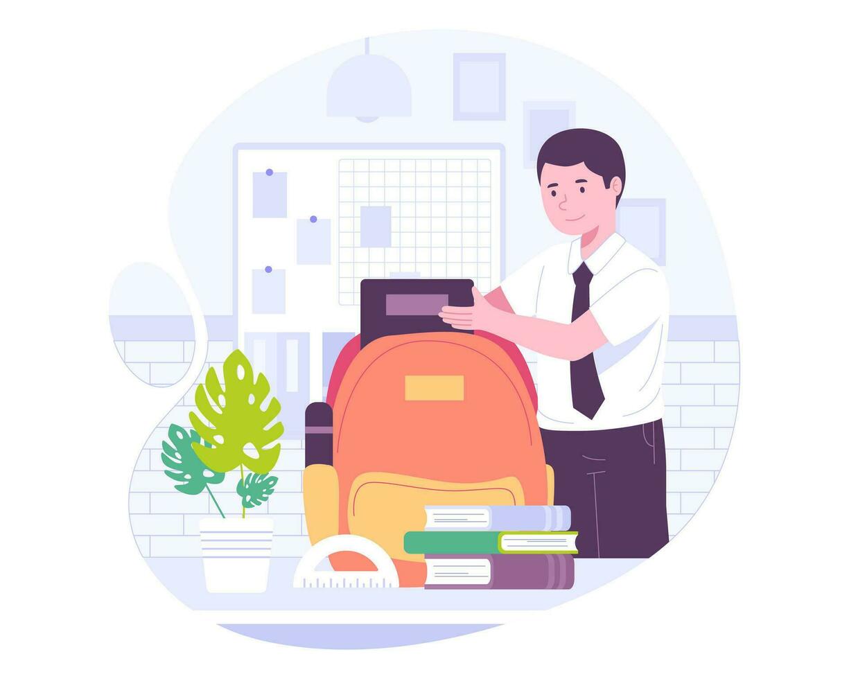 Students prepare school supplies Illustration concept. Back to school, Education, and Preparation for studying. Vector illustration