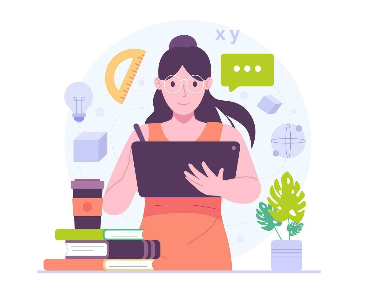 Women with digital tablets and books. Distance learning, Online business, Education concept. Vector illustration