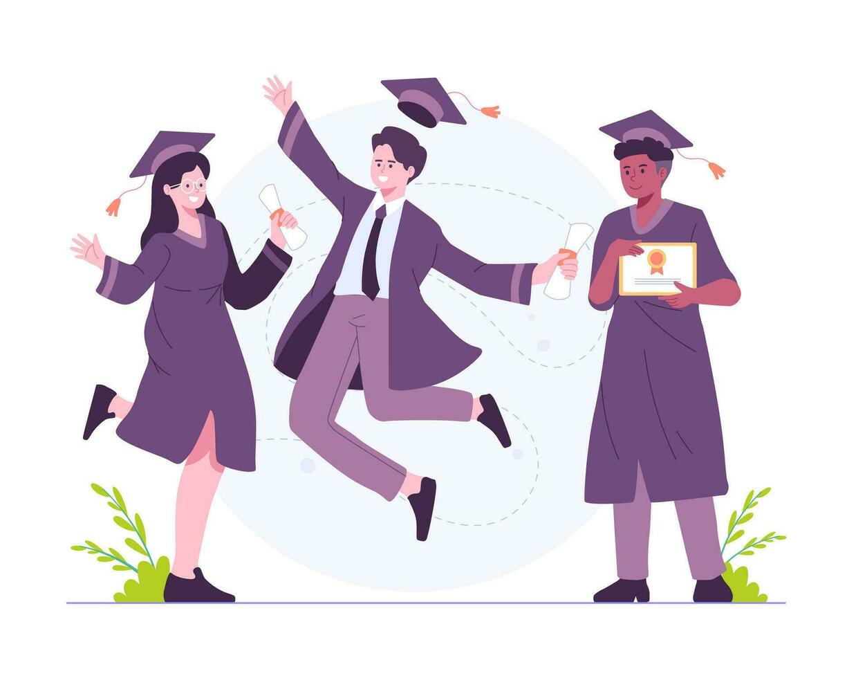 Vector happy students with graduation diplomas. Graduated students celebrate graduation from college, university, or high school