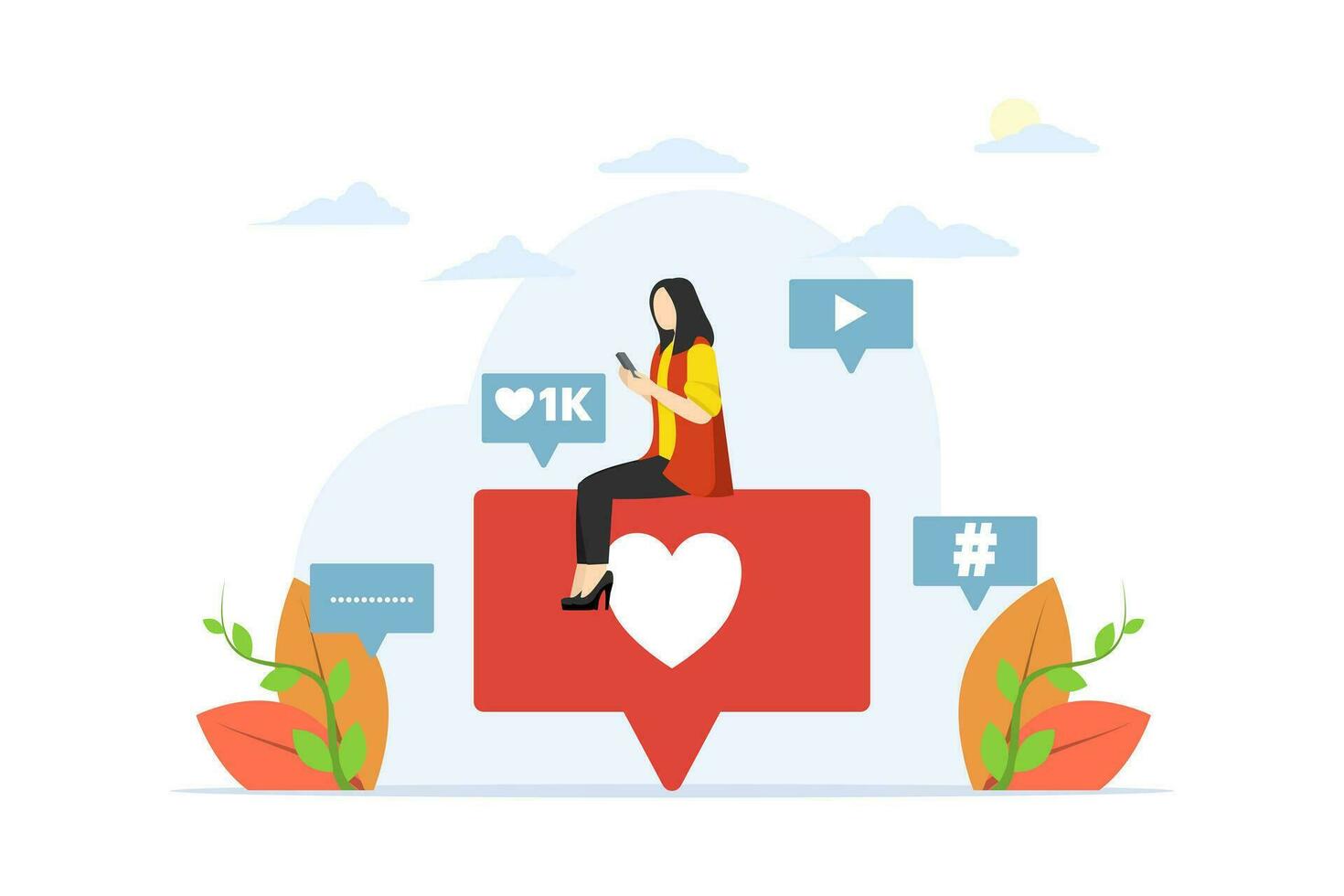 Digital marketing concept. Increasing your social media followers with successful marketing strategies, people liking and reacting to social media profiles, flat vector illustration.