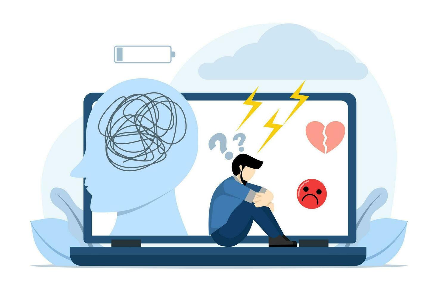 Mental depression concept. depressed person sitting on the floor. Mental health and psychotherapy concept. Anxiety, stress, emotional exhaustion and other psychological problems. vector illustration.