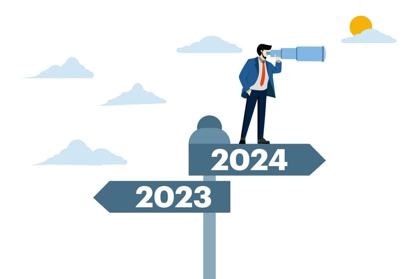 Businessman with telescope standing and looking into the distance at abstract direction signs 2023, 2024, Business Strategy Development in the New Year 2024, Planning and Setting Business Goals. vector