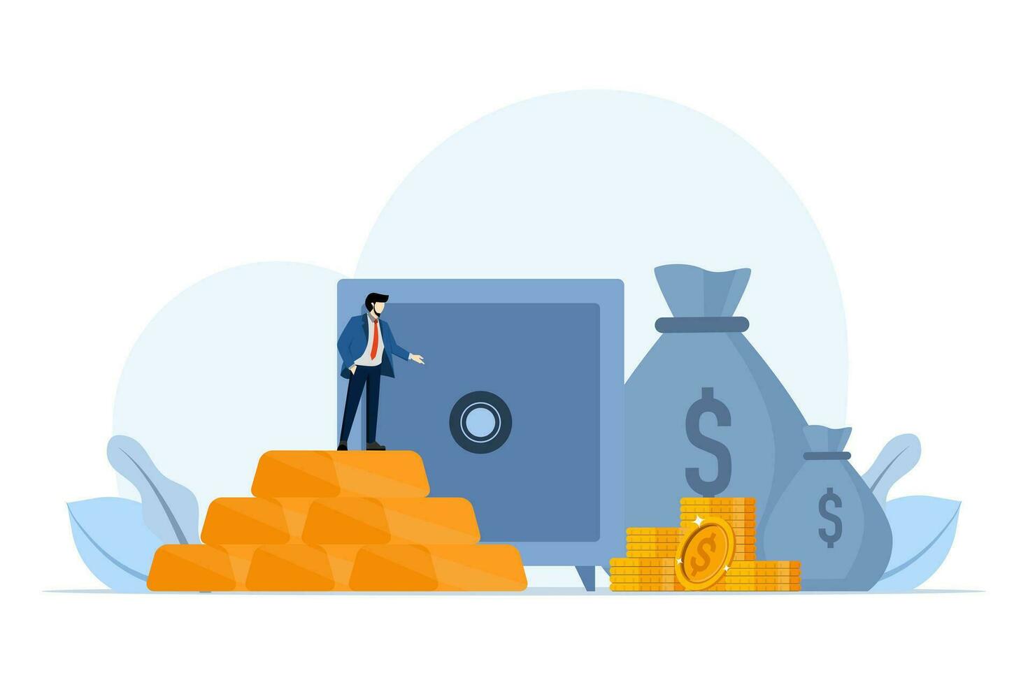 Invest Gold concept, gold bars with pile of coins, people invest their money in gold, safe haven in financial crisis or wealth management and asset allocation, Investment. Vector flat illustration.