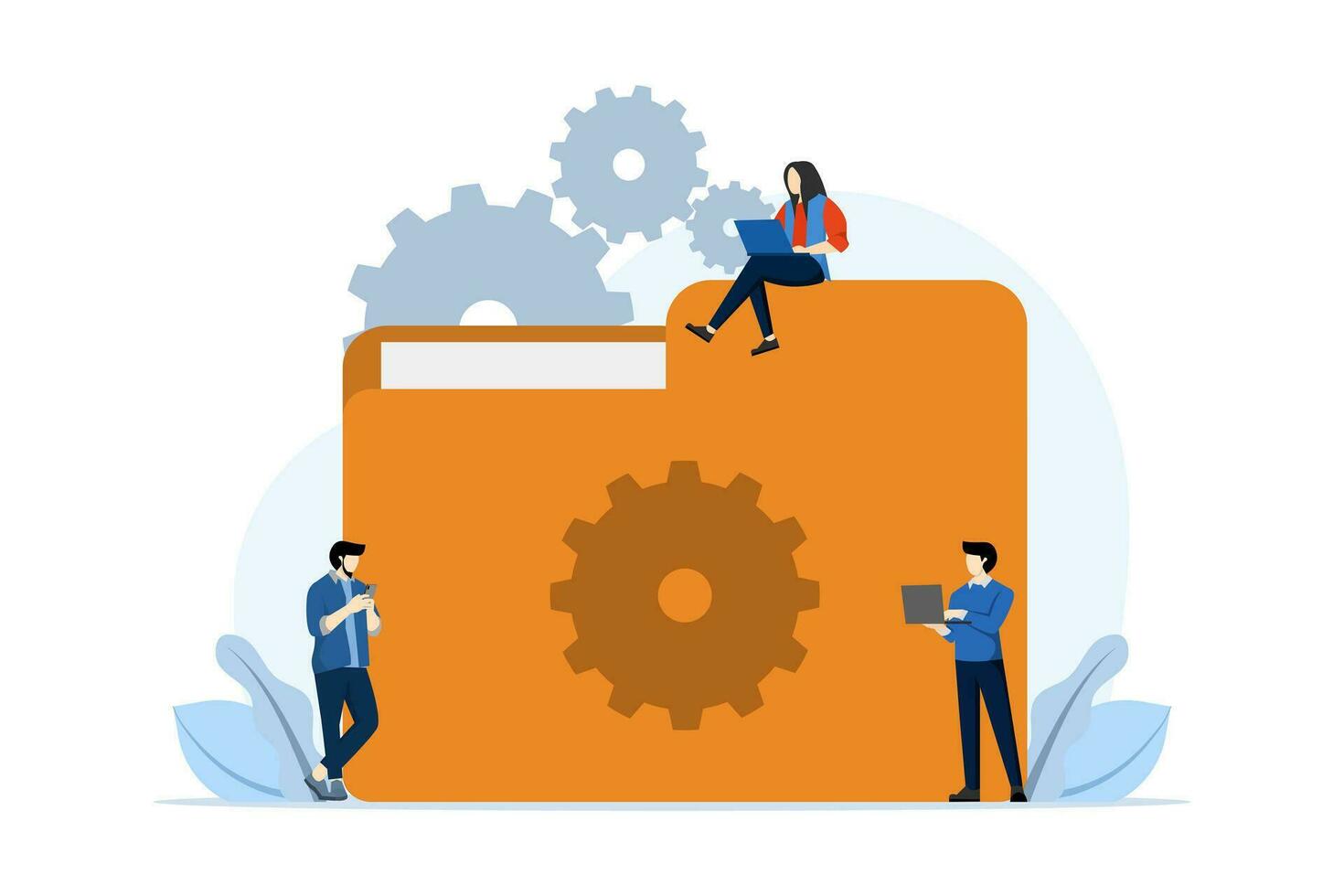 File management concept, Data storage, Folders, documents and media content, Business team looking for files on smart phone or laptop, Modern flat cartoon style, Vector illustration on background.