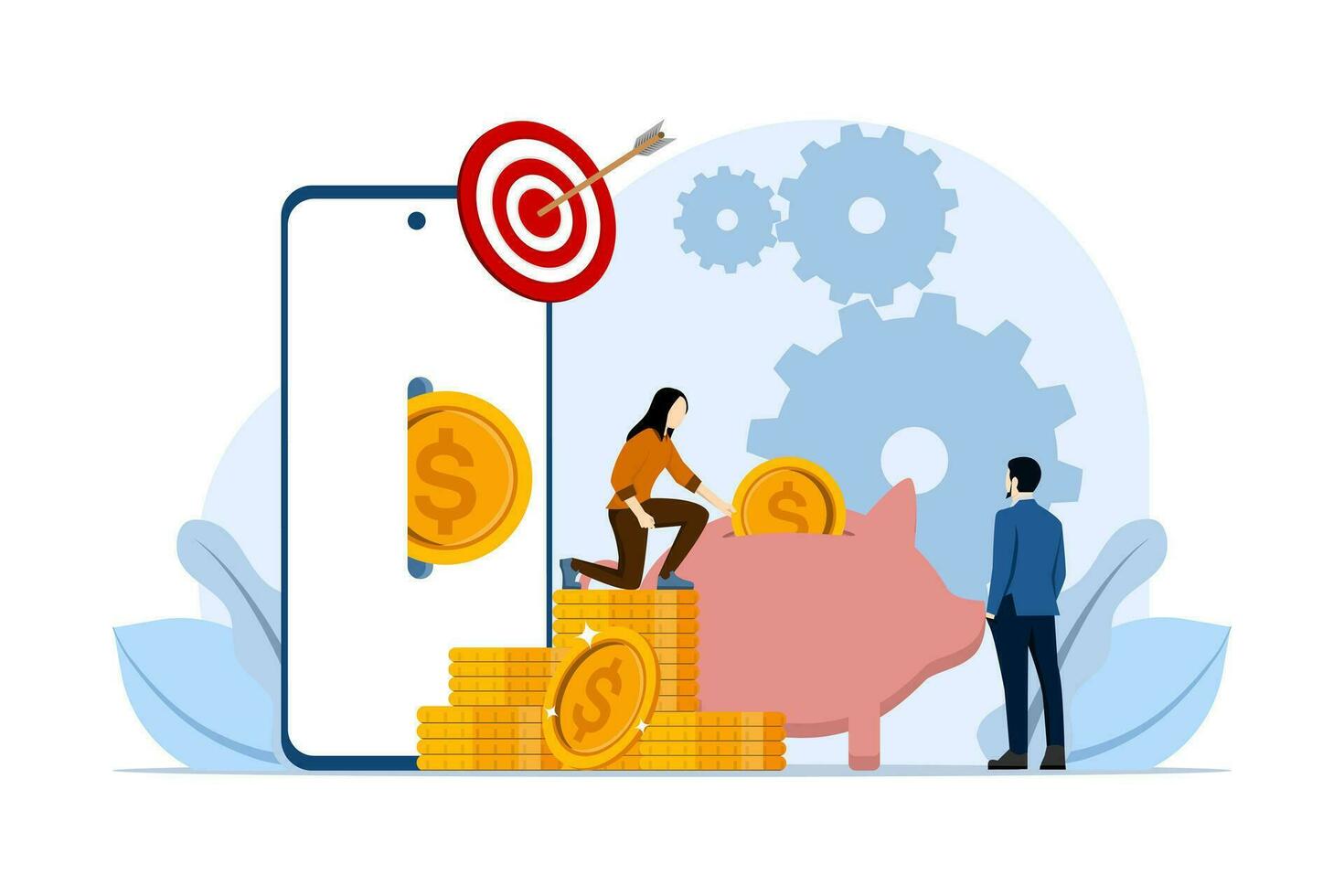 investment concept, growth, investor, financial investment, savings wallet, banking, piggy bank, Characters analyzing investment, celebrating financial success and money growth. increase in money. vector