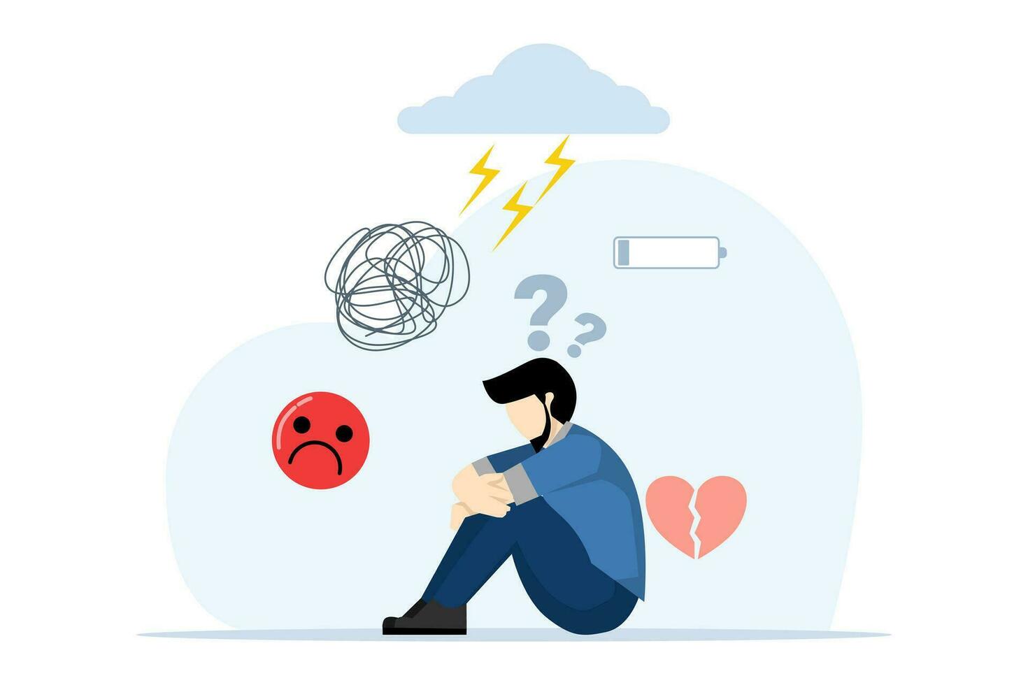 Mental depression concept. depressed person sitting on the floor. Mental health and psychotherapy concept. Anxiety, stress, emotional exhaustion and other psychological problems. vector illustration.