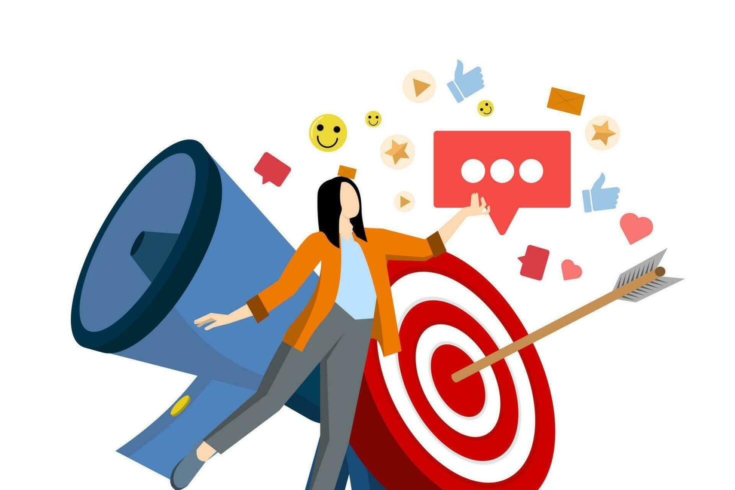 Concept of PR manager attracting customers with megaphone, Concept of PR, targeting, marketing, Successful work on the Internet, journalism, target marketing, online advertising in flat design. vector