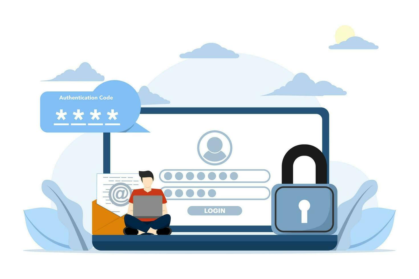 Two step verification concept, OTP, authentication password, one time password for secure website account login, login page on laptop screen. flat vector illustration on white background.