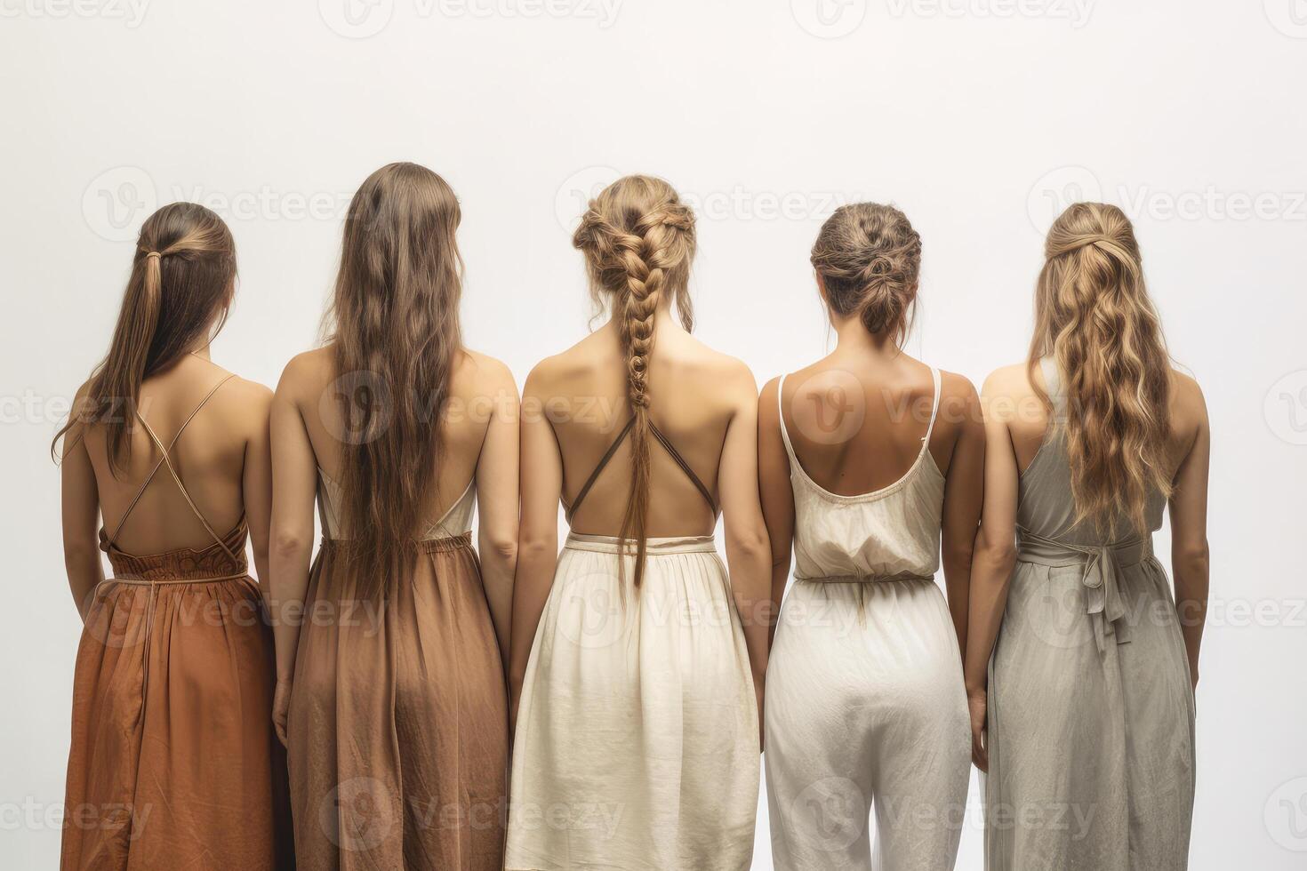 Women with different hairstyles on a white background. technology. photo