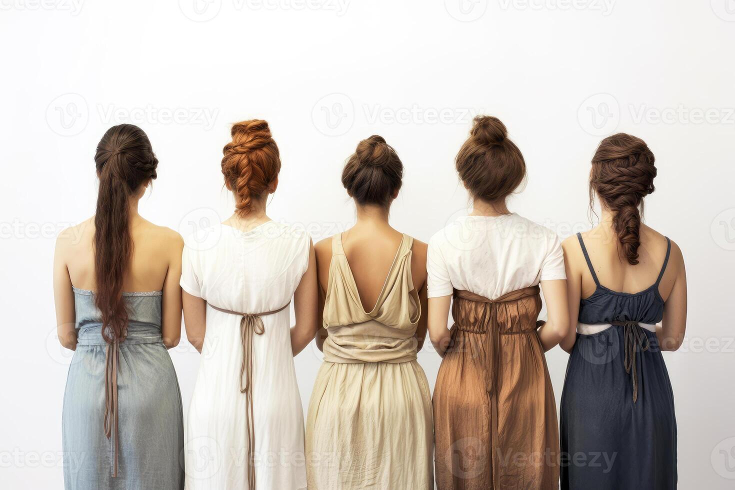 Women with different hairstyles on a white background. technology. photo