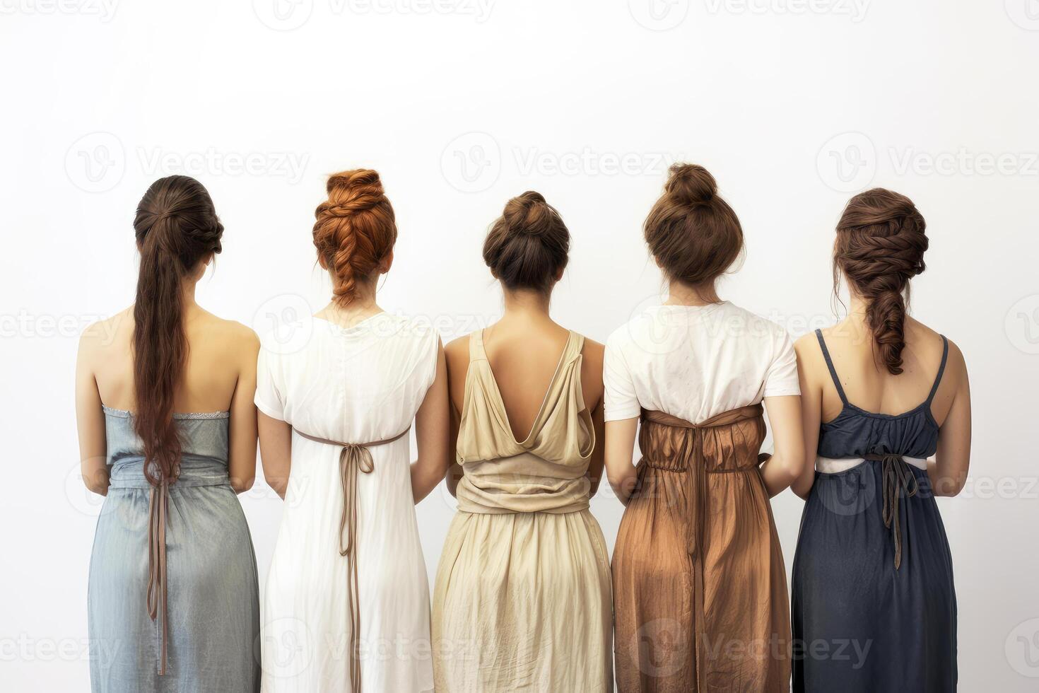 Women with different hairstyles on a white background. Generative AI technology. photo