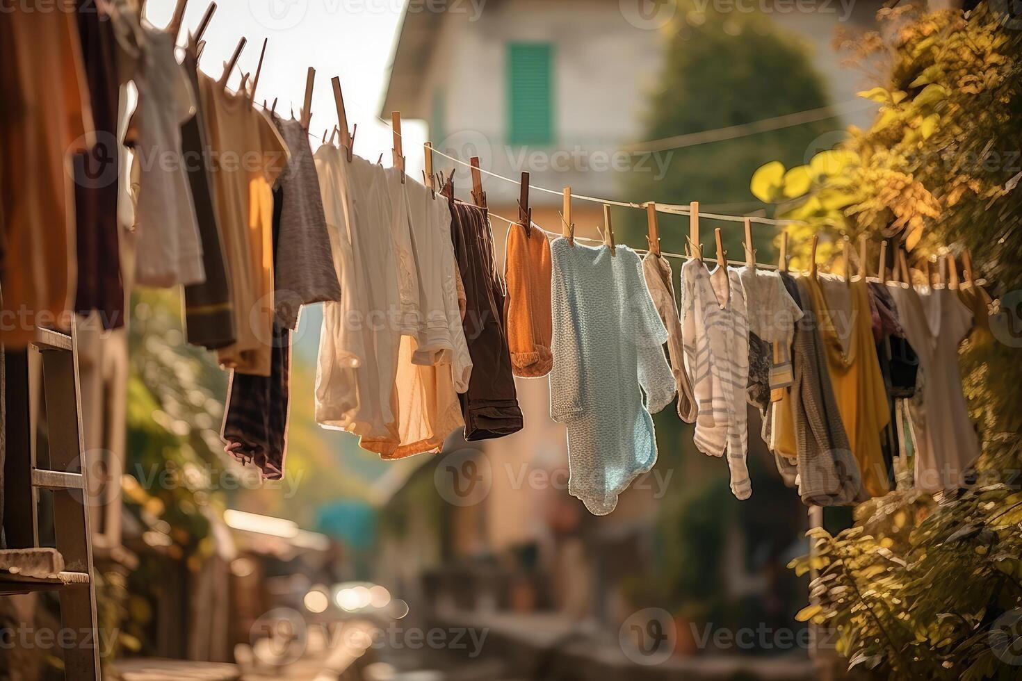 cosas son colgando en un cuerda. ropa seco en el aire. generativo ai tecnología. foto