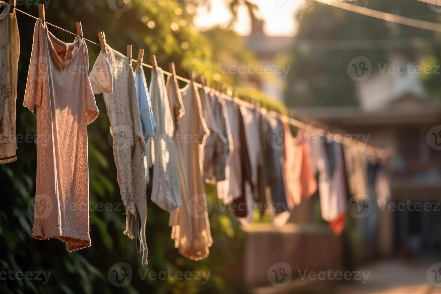 cosas son colgando en un cuerda. ropa seco en el aire. generativo ai tecnología. foto