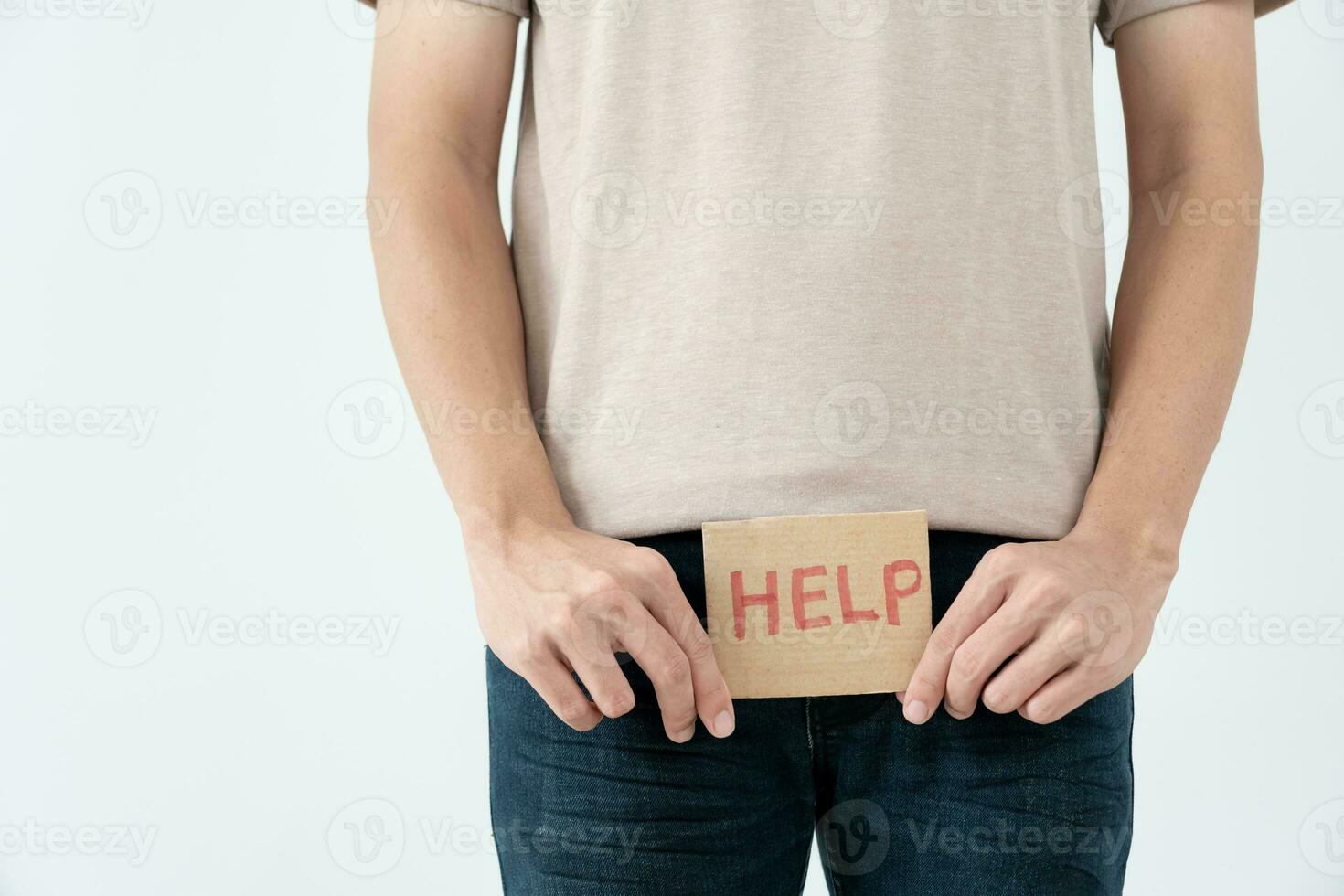 Man request for help private parts feeling discomfort from disease and inflammation. Venereal, testicular cancer. bladder problems, erectile dysfunction, premature ejaculation, prostate cancer photo