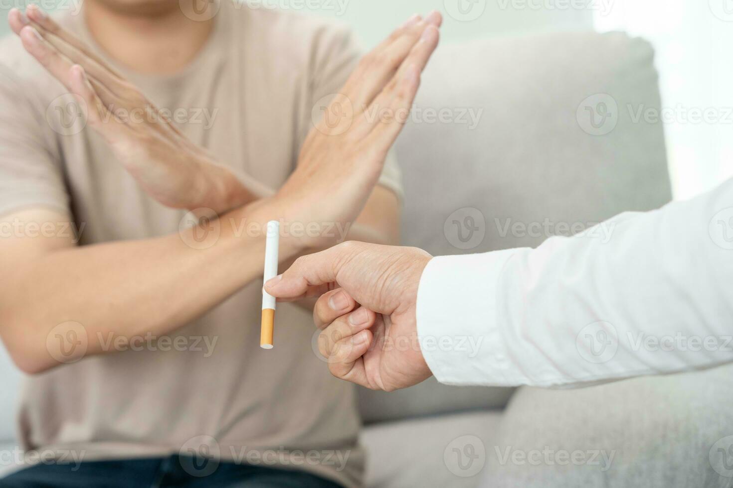 No smoking. Man stop smoke, refuse, reject, break take cigarette, say no. quit smoking for health. world tobacco day. drugs, Lung Cancer, emphysema , Pulmonary disease, narcotic, nicotine effect photo