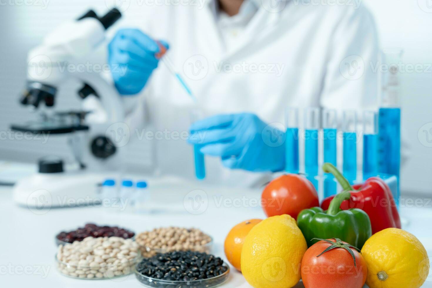 Scientist check chemical food residues in laboratory. Control experts inspect quality of fruits, vegetables. lab, hazards, ROHs, find prohibited substances, contaminate, Microscope, Microbiologist photo