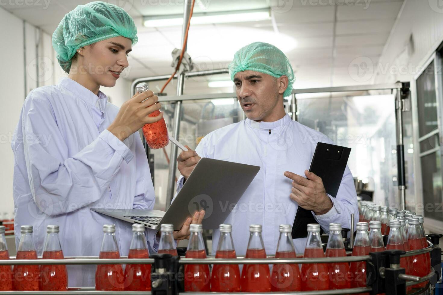 quality inspector food or beverages technician inspection about quality control food or beverages before send product to the customer. Production leader recheck ingredient and productivity. photo