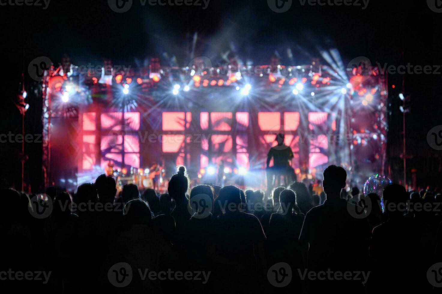 Silhouette youth audience are watching the night concert photo