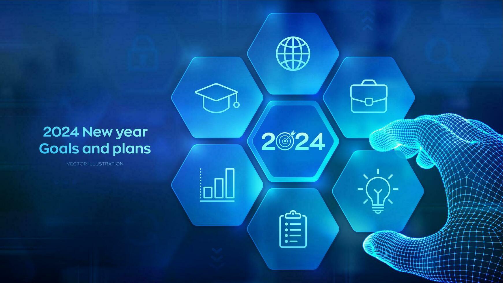 2024 nuevo año metas y planes estructura metálica mano lugares un elemento dentro un composición visualizante objetivo logro y éxito en 2024. negocio plan y estrategias concepto. vector ilustración.