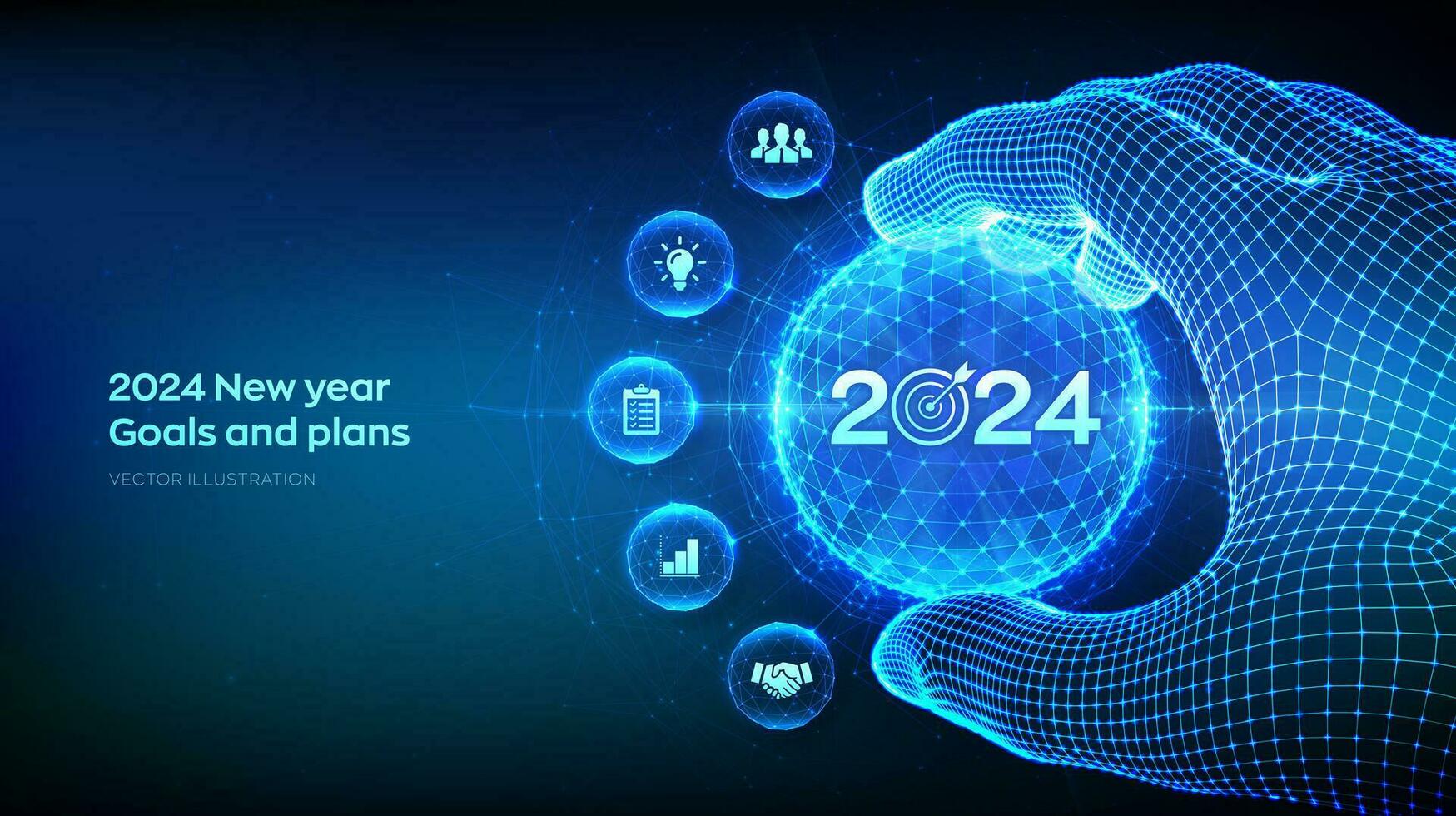2024 New year Goals and plans concept in the shape of polygonal sphere with numbers 2024 and target in wireframe hand. Business plan and strategies. Goal acheiveement and success. Vector illustration.